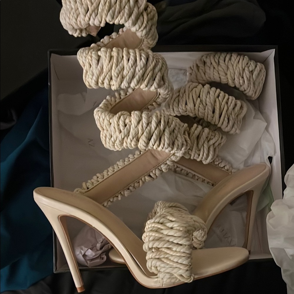 Elegant Rope-Embellished Heels in Cream